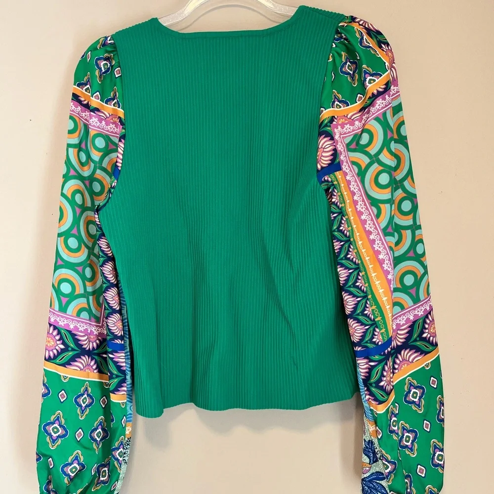 Bailey 44 Green Ribbed Knit Boho Satin Ballon Sleeves Top sz XL - Picture 4 of 12